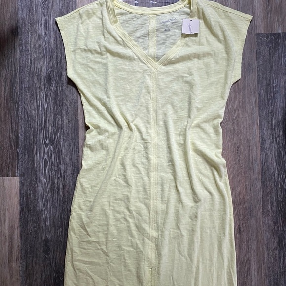 Butter Yellow V-Neck Cotton Short Sleeve Midi Dress with Front Slit Size Small - Picture 2 of 6
